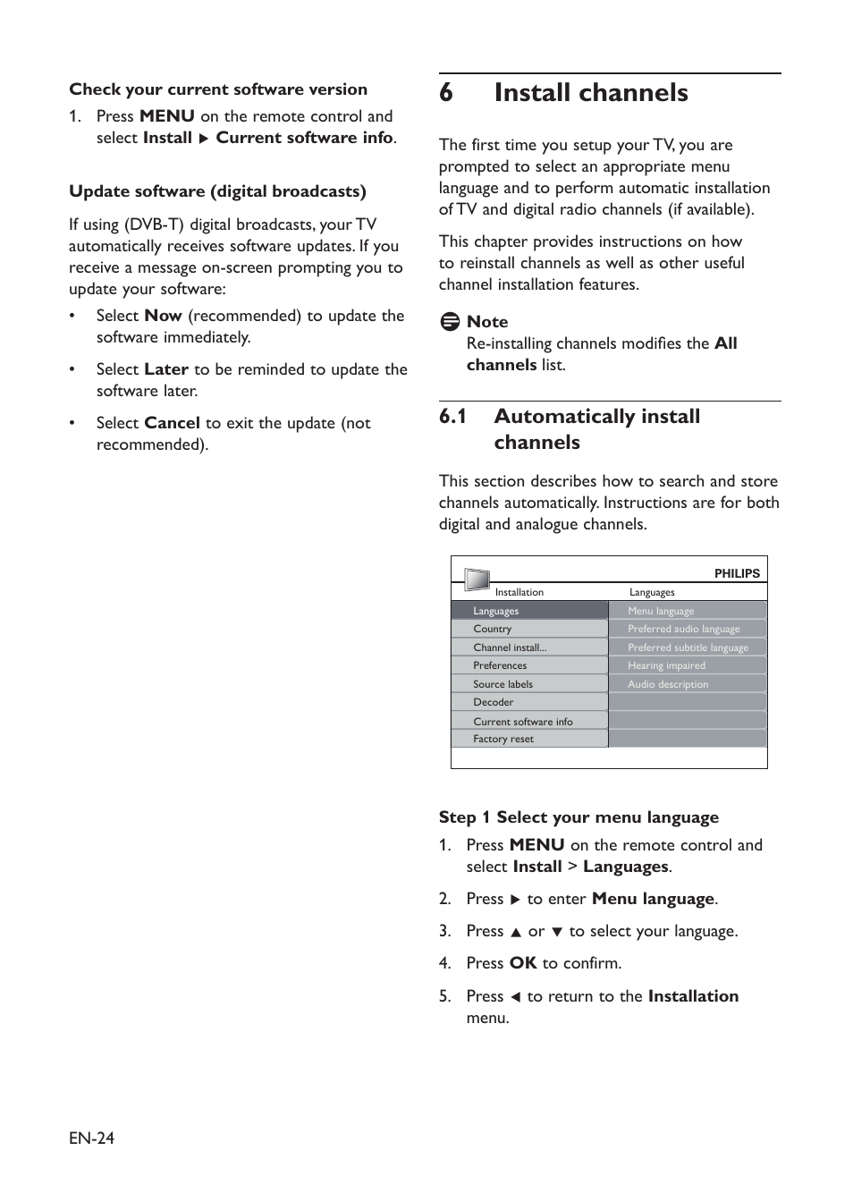 6 install channels, 6�1 automatically install channels | Philips 19PFL3403D/10 User Manual | Page 25 / 46