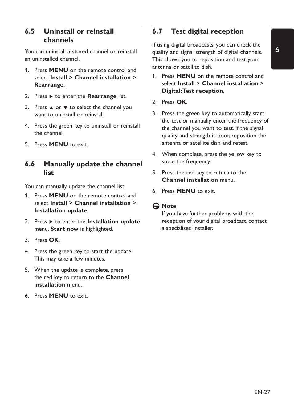 6�5 uninstall or reinstall channels, Manually update the channel 6�6 list, 6�7 test digital reception | Philips 19PFL3403D/10 User Manual | Page 28 / 46