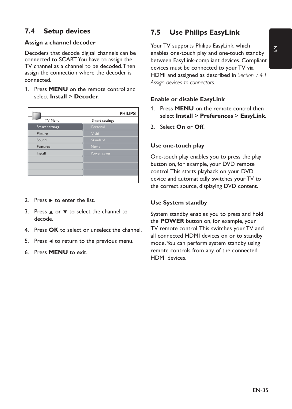 7�4 setup devices, Use philips easylink 7�5 | Philips 19PFL3403D/10 User Manual | Page 36 / 46