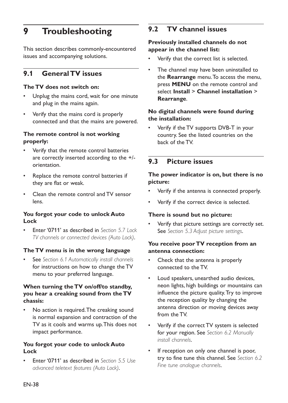 Troubleshooting 9, Tv channel issues 9�2, Picture issues 9�3 | General tv issues 9�1 | Philips 19PFL3403D/10 User Manual | Page 39 / 46