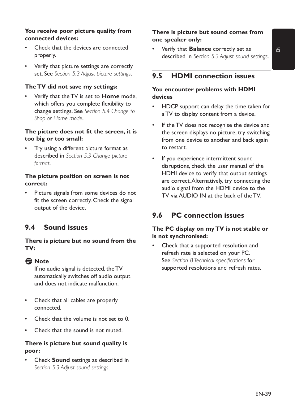 Sound issues 9�4, Hdmi connection issues 9�5, Pc connection issues 9�6 | Philips 19PFL3403D/10 User Manual | Page 40 / 46