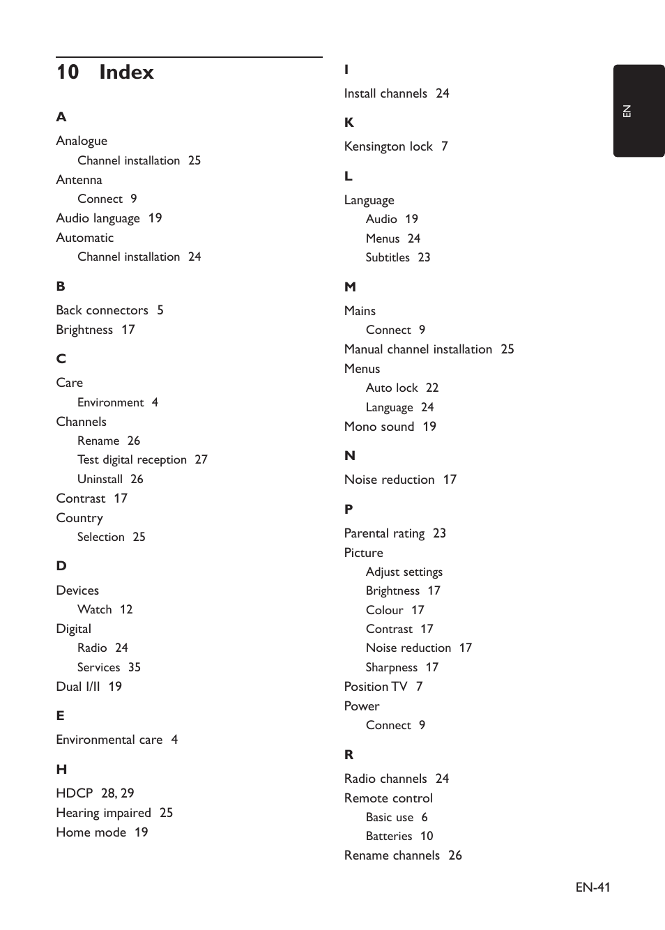Index 10 | Philips 19PFL3403D/10 User Manual | Page 42 / 46