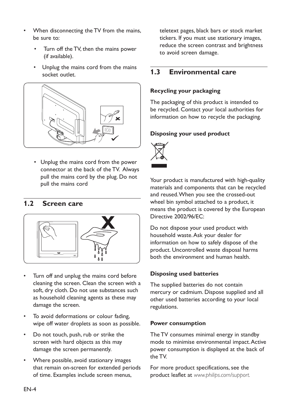 1�2 screen care, 1�3 environmental care | Philips 19PFL3403D/10 User Manual | Page 5 / 46