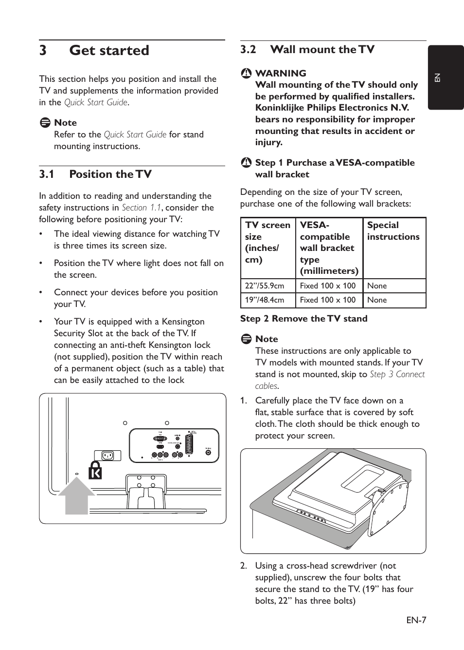 3 get started, 3�1 position the tv, 3�2 wall mount the tv | Philips 19PFL3403D/10 User Manual | Page 8 / 46