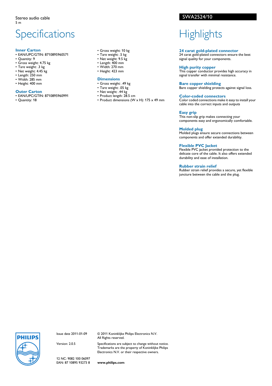 Specifications, Highlights | Philips SWA2524 User Manual | Page 2 / 2