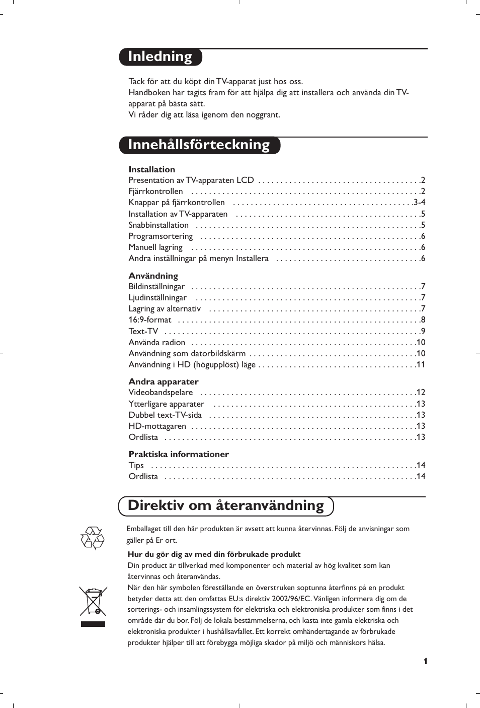 Inledning innehållsförteckning, Direktiv om återanvändning | Philips 20HF5335D User Manual | Page 10 / 25