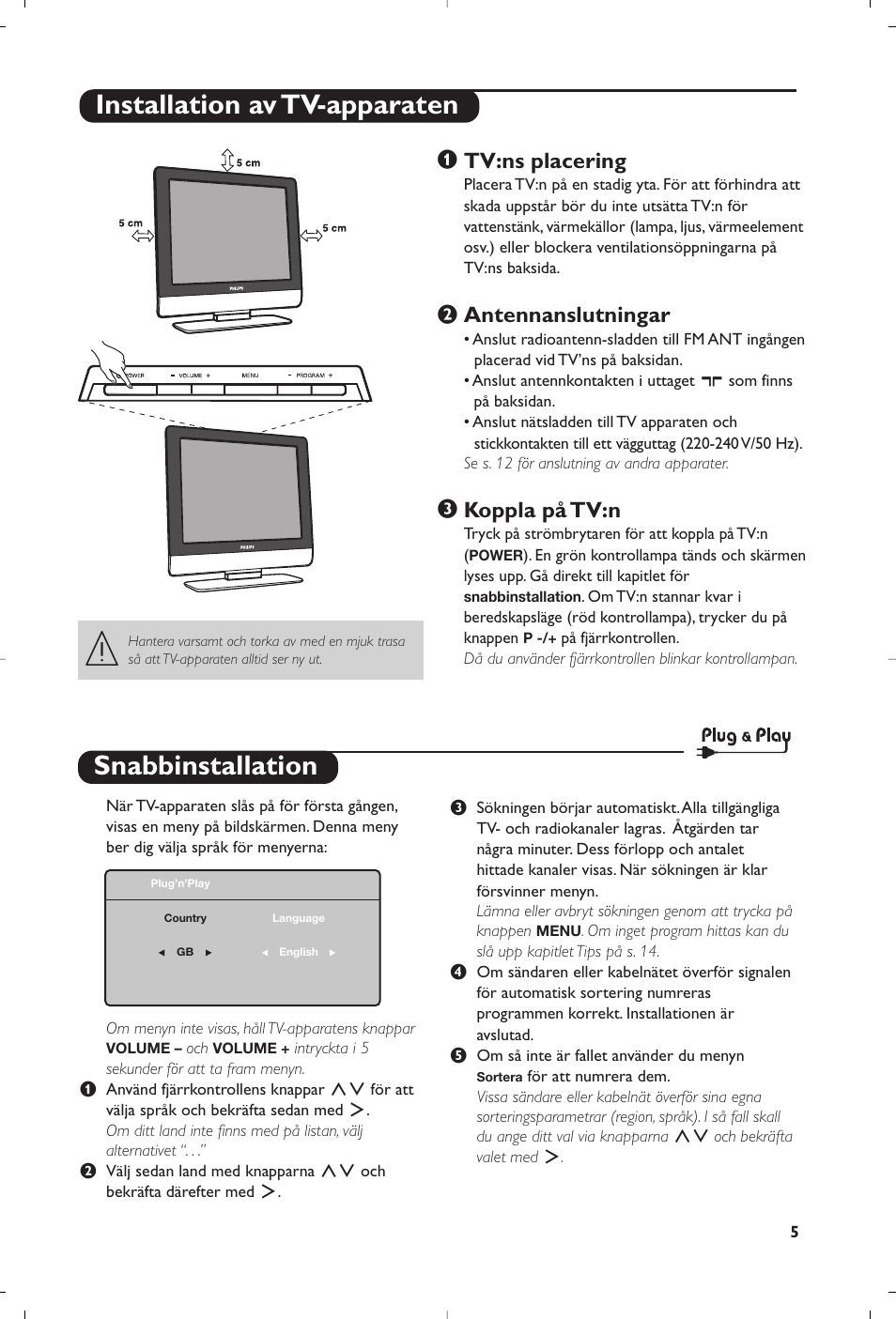 Snabbinstallation, Installation av tv-apparaten, Tv:ns placering | Antennanslutningar, Koppla på tv:n | Philips 20HF5335D User Manual | Page 14 / 25