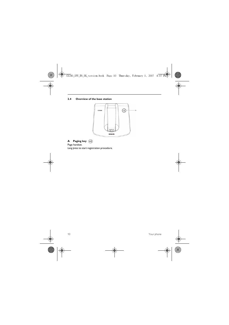 4 overview of the base station | Philips CD 240  EN User Manual | Page 12 / 42
