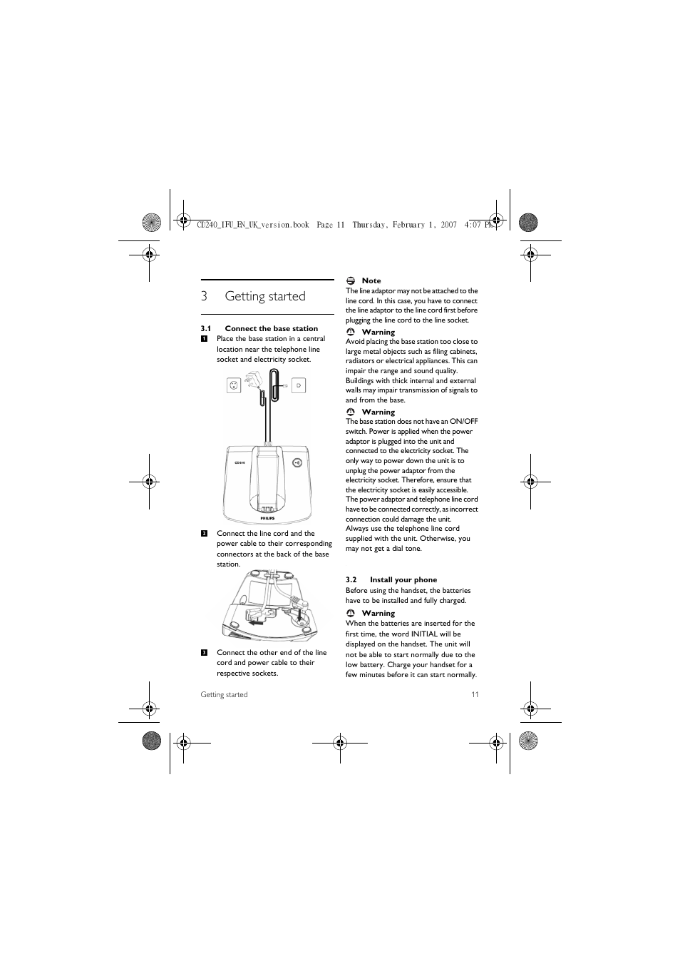 3 getting started, 1 connect the base station, 2 install your phone | 3getting started | Philips CD 240  EN User Manual | Page 13 / 42