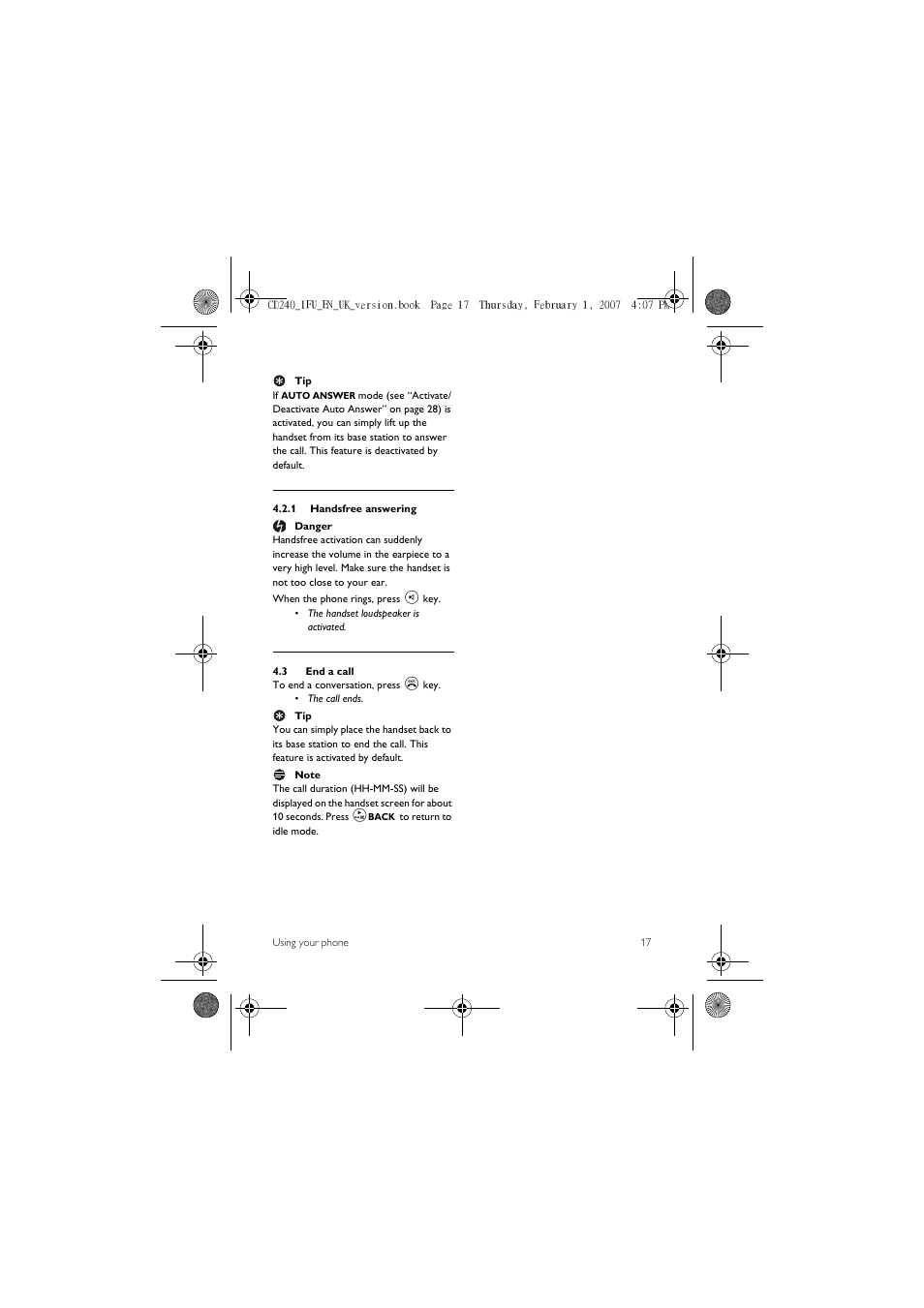 3 end a call | Philips CD 240  EN User Manual | Page 19 / 42