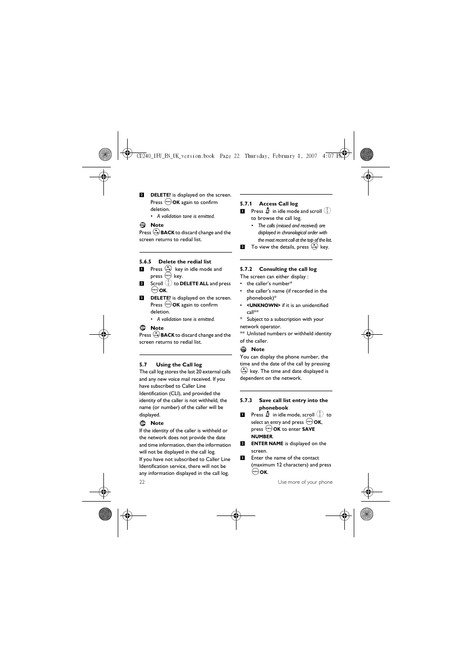7 using the call log | Philips CD 240  EN User Manual | Page 24 / 42