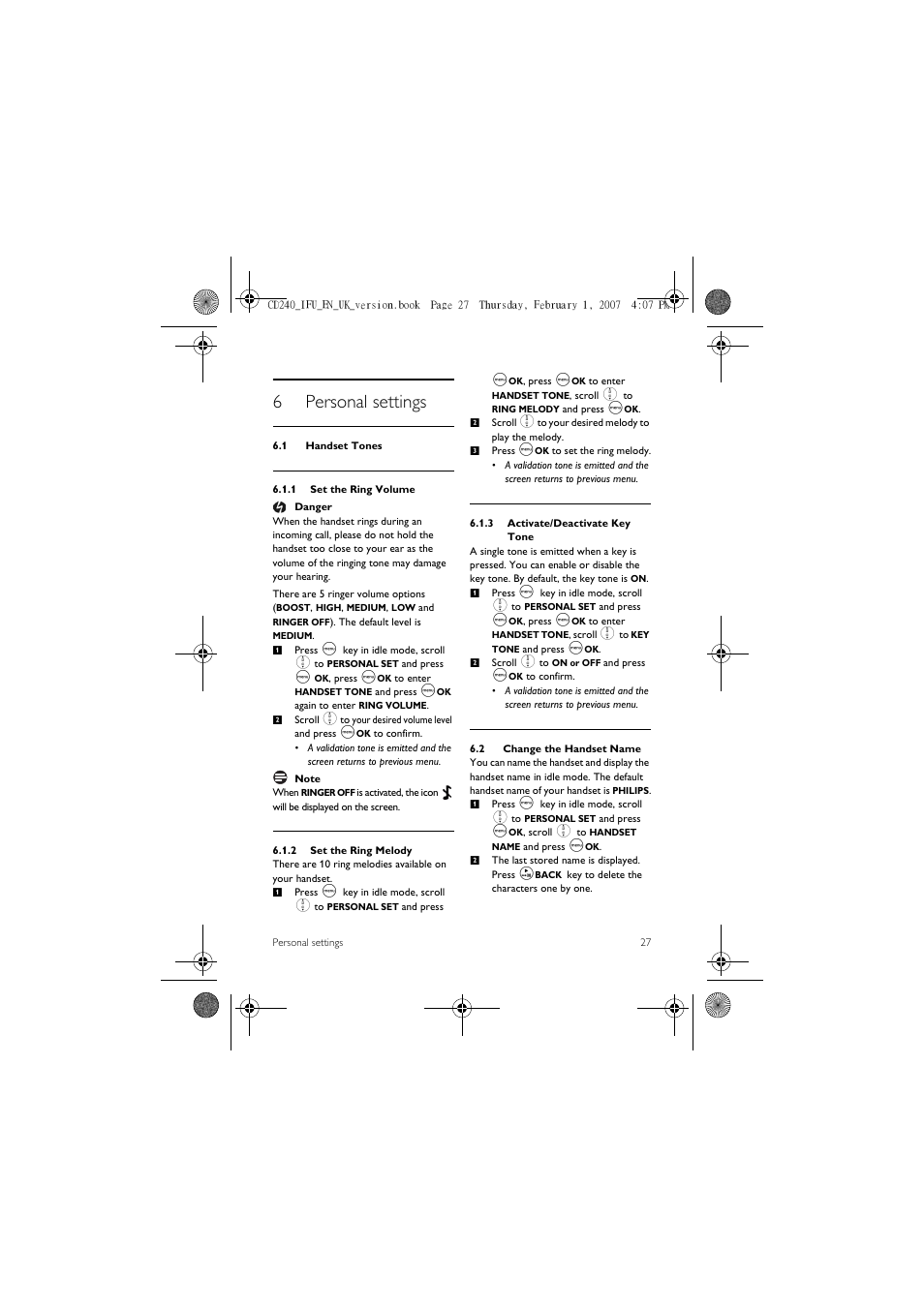 6 personal settings, 1 handset tones, 2 change the handset name | 6personal settings | Philips CD 240  EN User Manual | Page 29 / 42