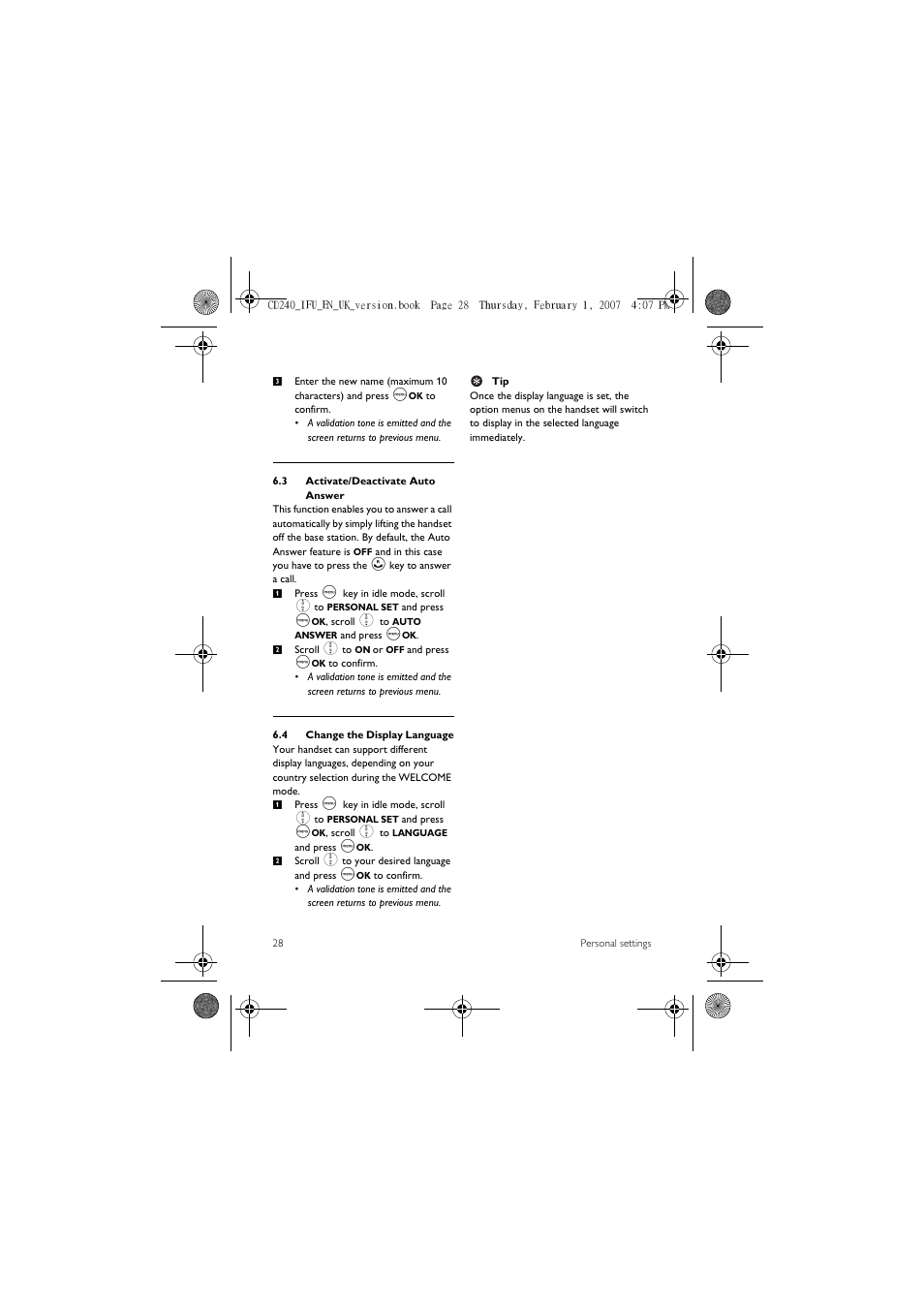 3 activate/deactivate auto answer, 4 change the display language | Philips CD 240  EN User Manual | Page 30 / 42