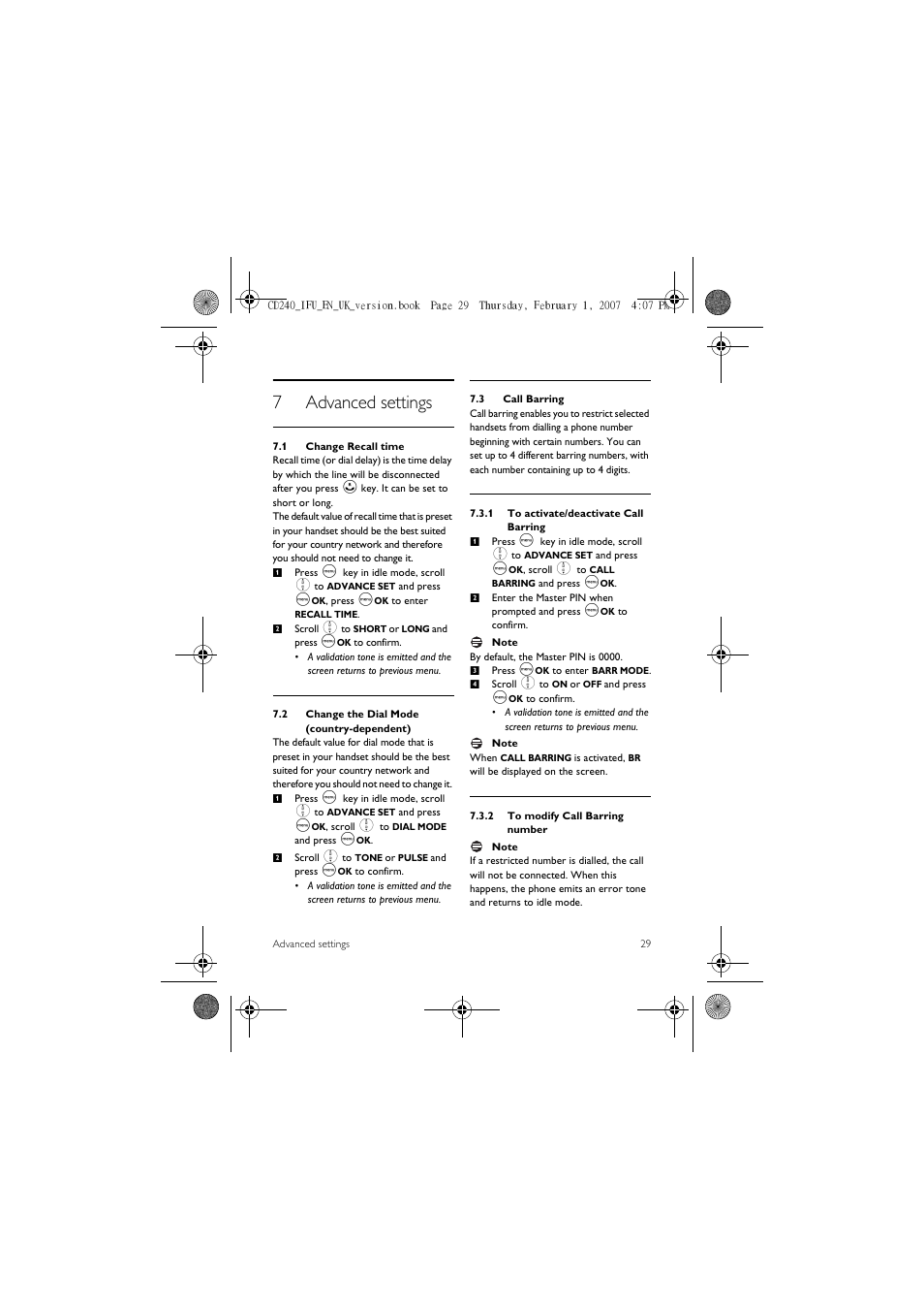 7 advanced settings, 1 change recall time, 2 change the dial mode (country-dependent) | 3 call barring, 7advanced settings | Philips CD 240  EN User Manual | Page 31 / 42