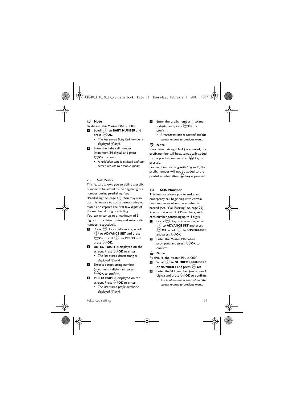 5 set prefix, 6 sos number | Philips CD 240  EN User Manual | Page 33 / 42