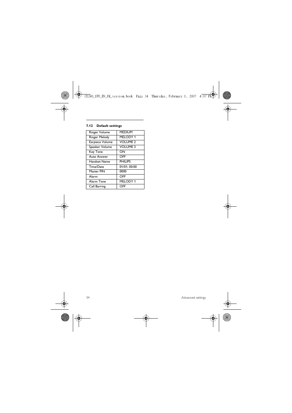 12 default settings | Philips CD 240  EN User Manual | Page 36 / 42