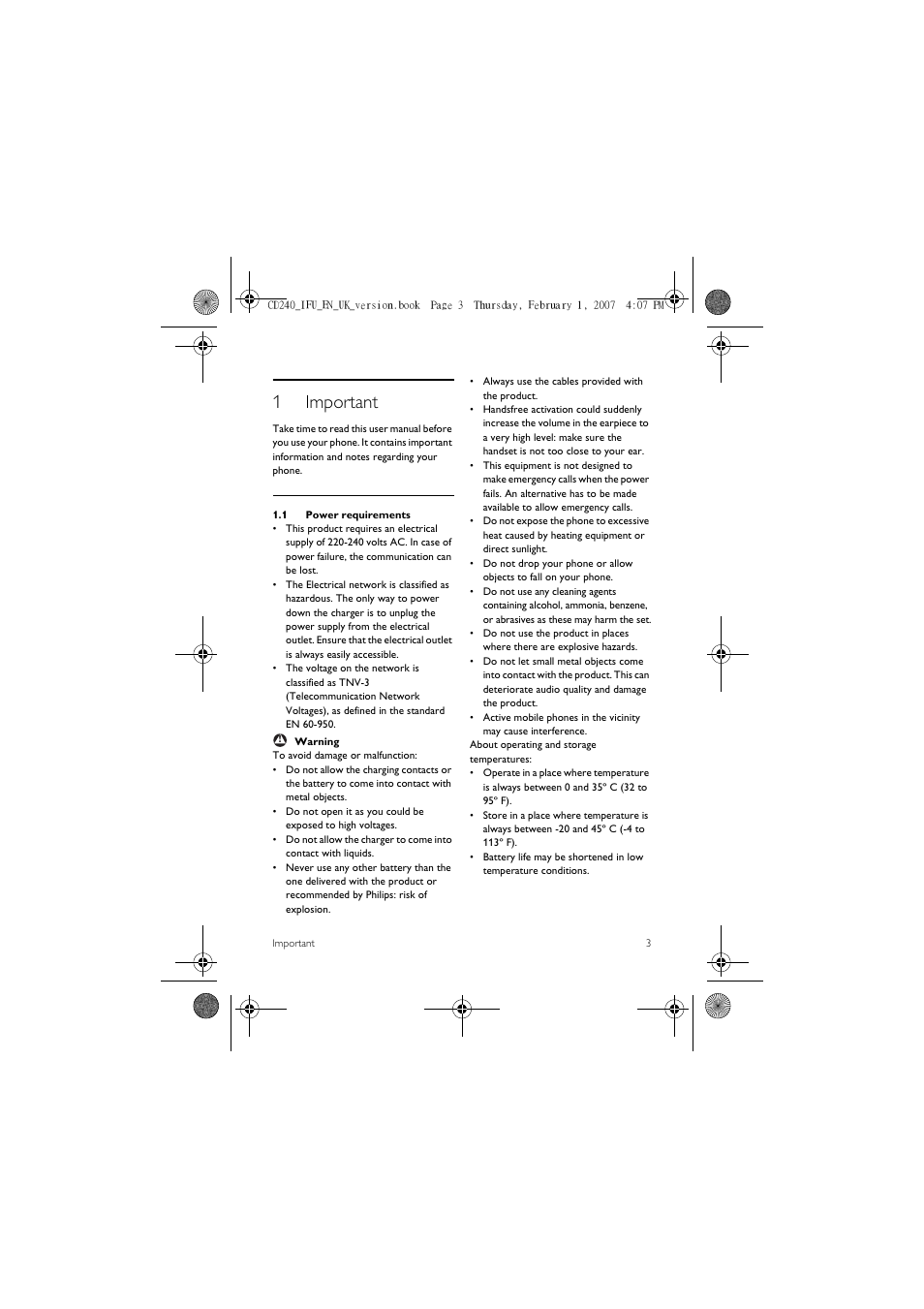 1 important, 1 power requirements, 1important | Philips CD 240  EN User Manual | Page 5 / 42