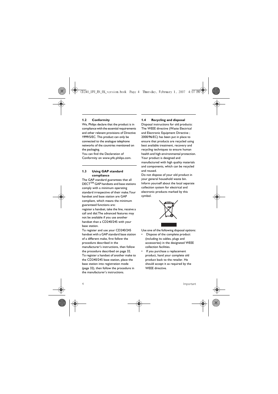 2 conformity, 3 using gap standard compliance, 4 recycling and disposal | Philips CD 240  EN User Manual | Page 6 / 42