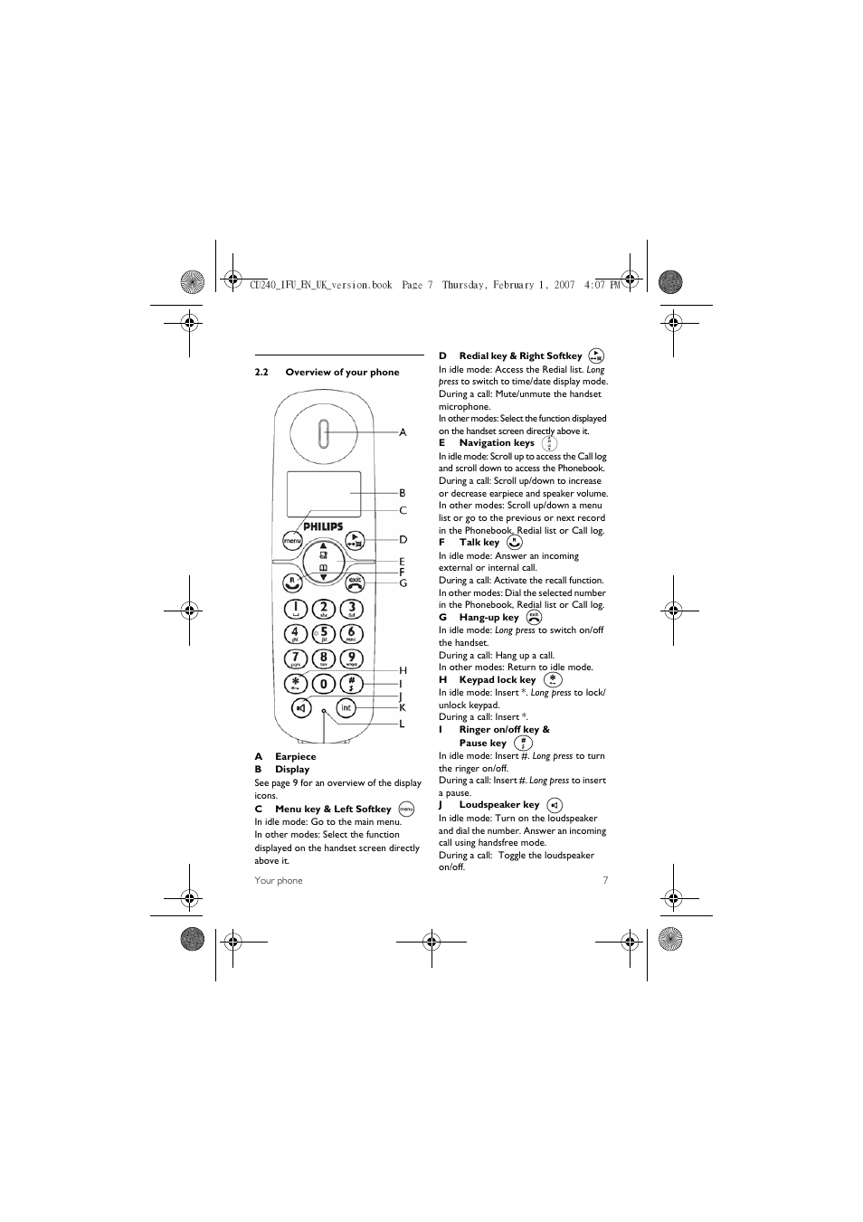 2 overview of your phone, Mp : r e * # v | Philips CD 240  EN User Manual | Page 9 / 42
