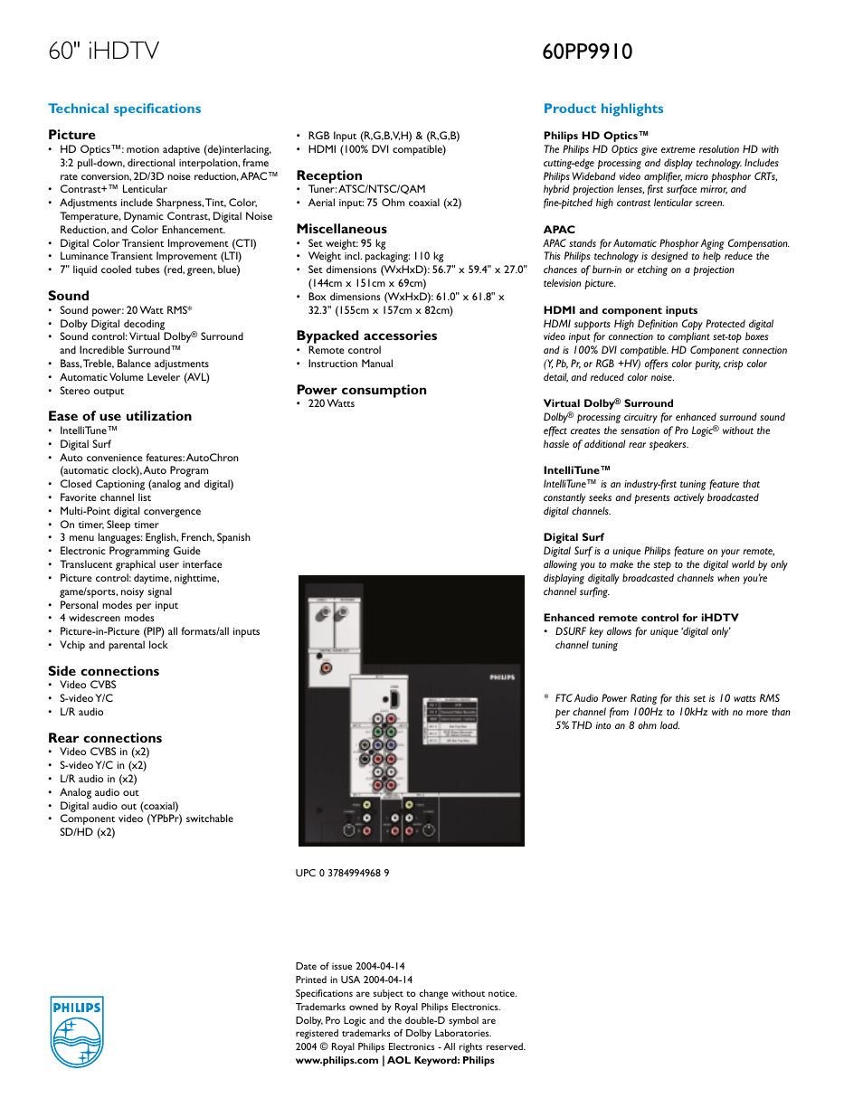 60" ihdtv | Philips 60PP9910 User Manual | Page 2 / 2