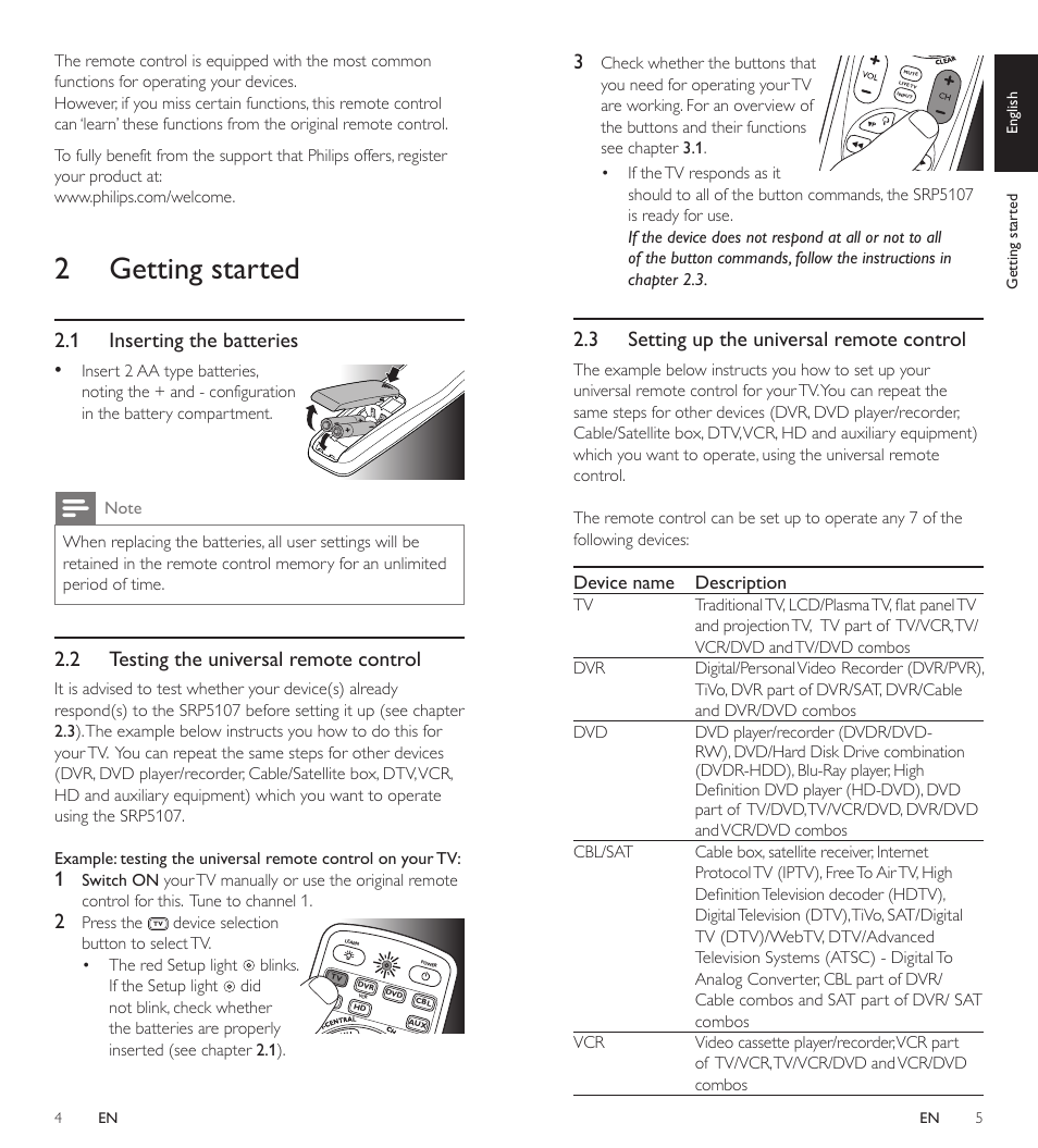 Getting started, 1 inserting the batteries, 2 testing the universal remote control | 3 setting up the universal remote control, Device name description, Press the, Device selection, Button to select tv. • the red setup light, Blinks. if the setup light, Check whether the buttons that | Philips SRP5107/27 User Manual | Page 3 / 15