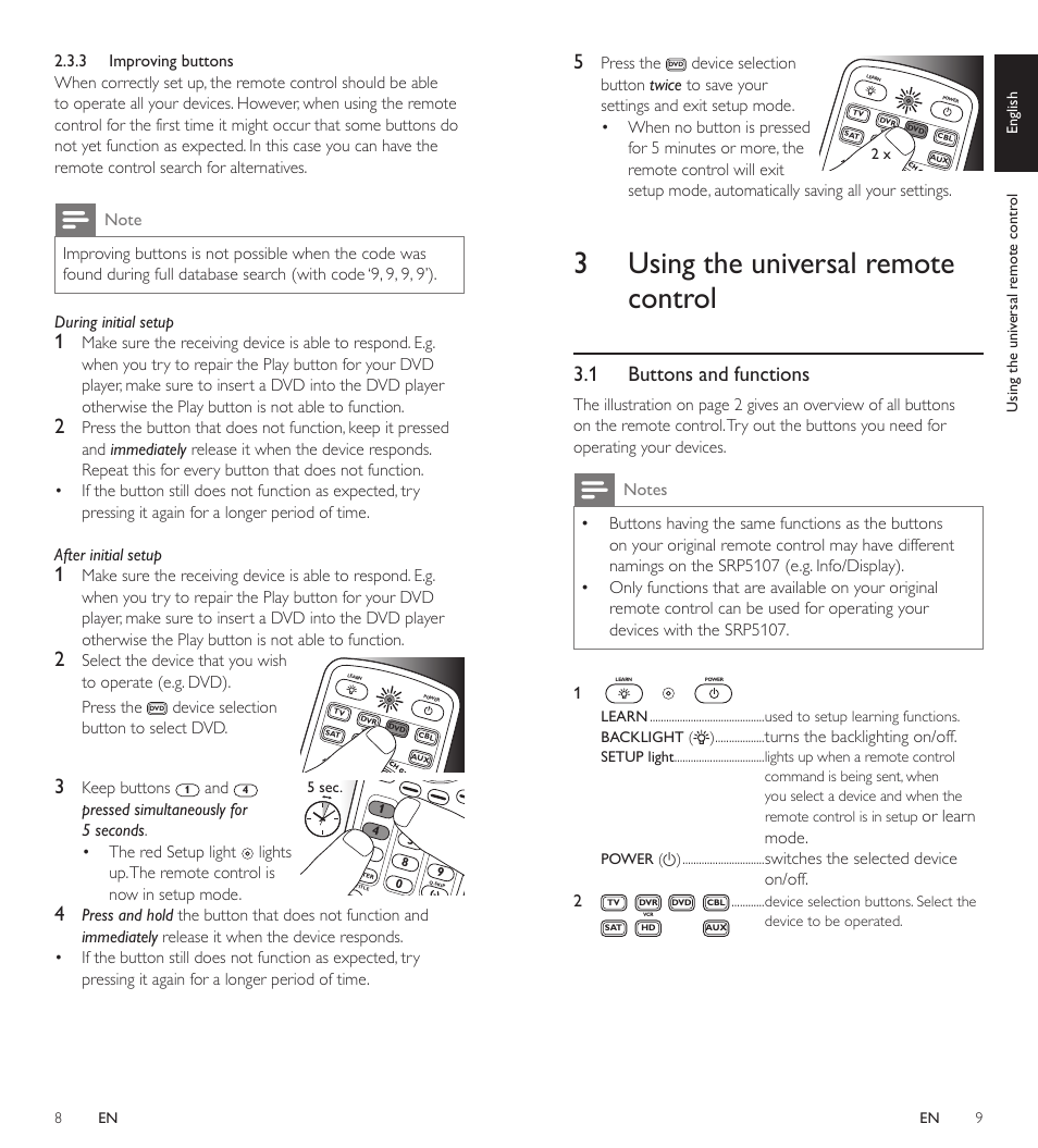 3 using the universal remote control, 1 buttons and functions, Select the device that you wish | Device selection button to select dvd, Keep buttons, Lights up. the remote control is now in setup mode, Press the, Device selection, Turns the backlighting on/off, Or learn mode | Philips SRP5107/27 User Manual | Page 5 / 15