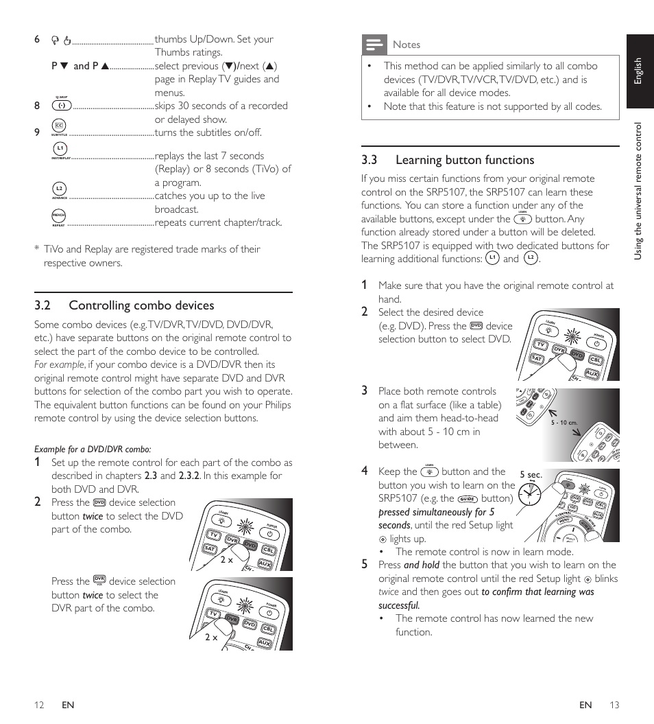 2 controlling combo devices, 3 learning button functions, Skips 30 seconds of a recorded or delayed show. 9 | Turns the subtitles on/off, Catches you up to the live broadcast, Press the, Device selection, Select the desired device, E.g. dvd). press the, Device selection button to select dvd | Philips SRP5107/27 User Manual | Page 7 / 15