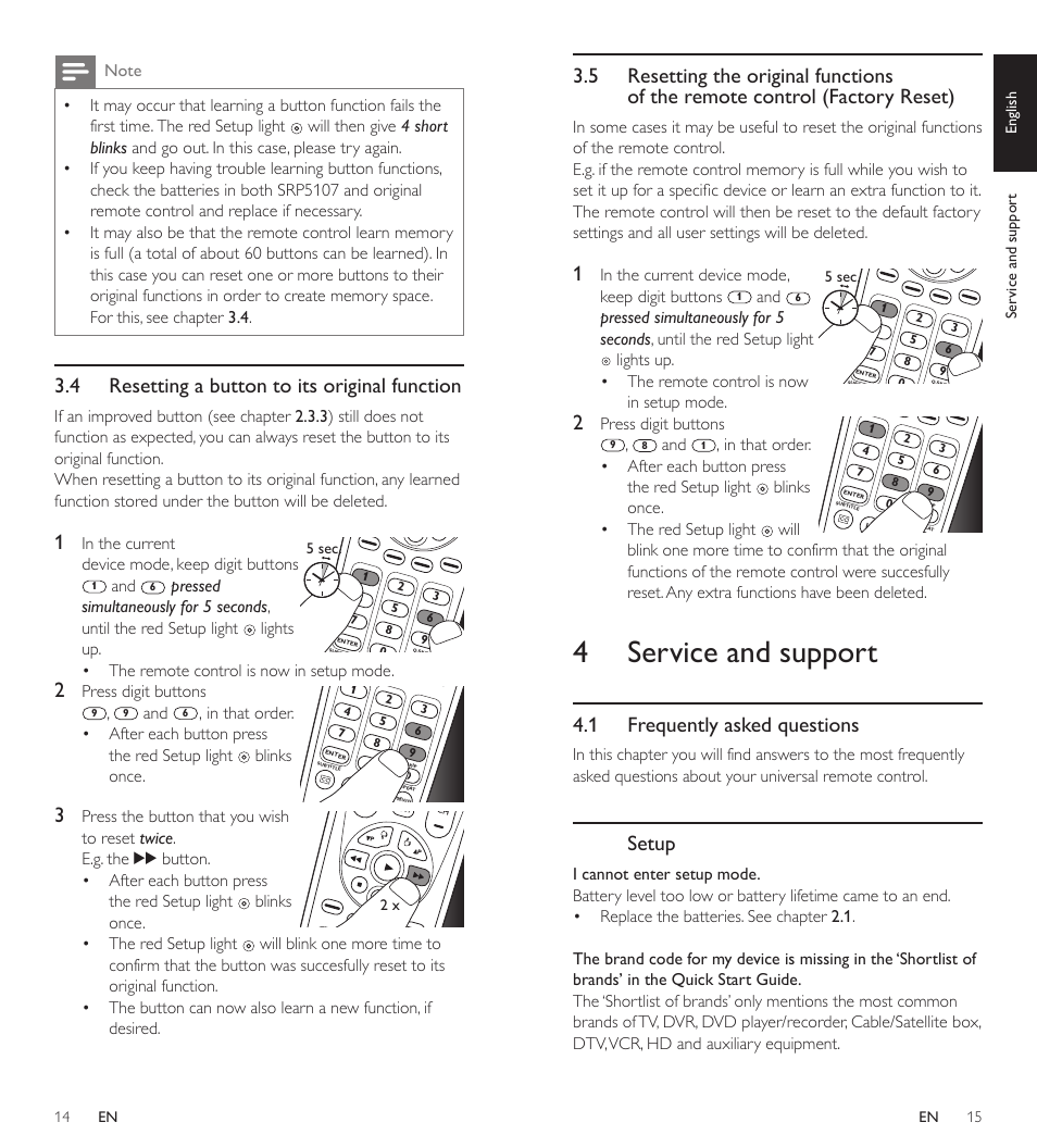 4 service and support, 1 frequently asked questions, Setup | 4 resetting a button to its original function, Keep digit buttons, Press digit buttons, Blinks once. • the red setup light, Device mode, keep digit buttons, Blinks once, Press the button that you wish | Philips SRP5107/27 User Manual | Page 8 / 15