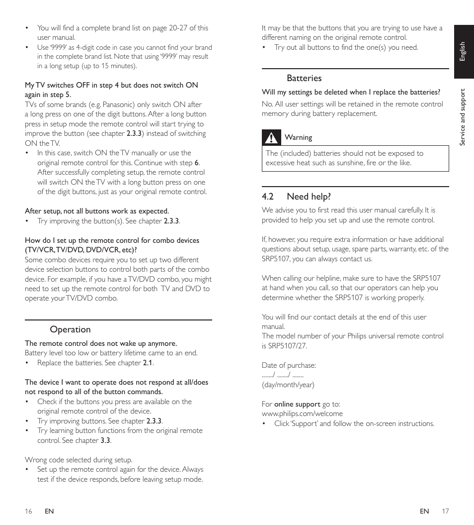 Batteries, 2 need help, Operation | Philips SRP5107/27 User Manual | Page 9 / 15