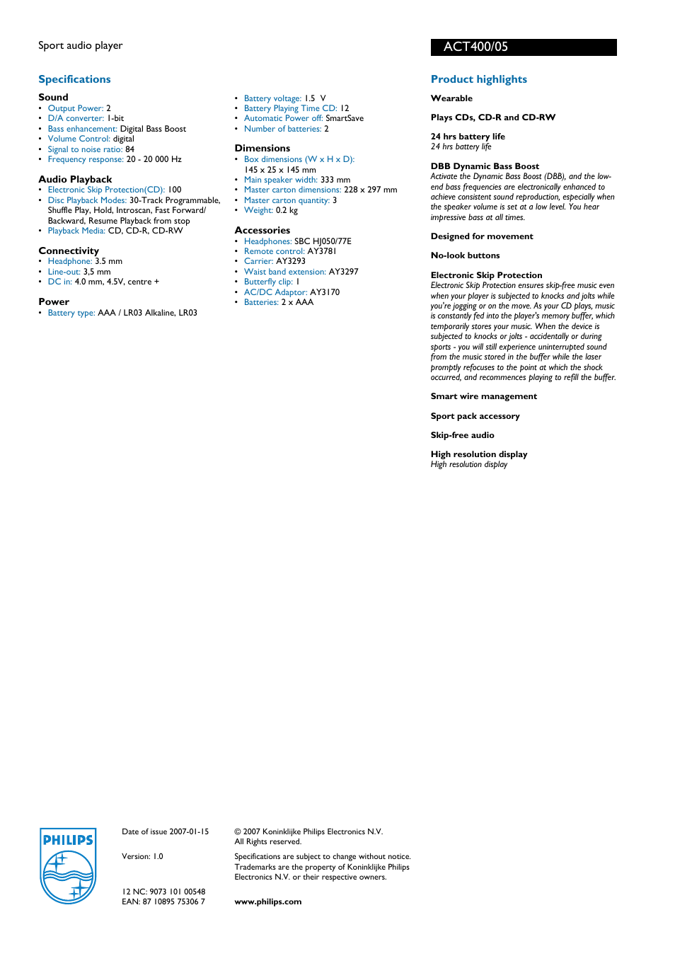 Philips ACT400/05 User Manual | Page 2 / 2