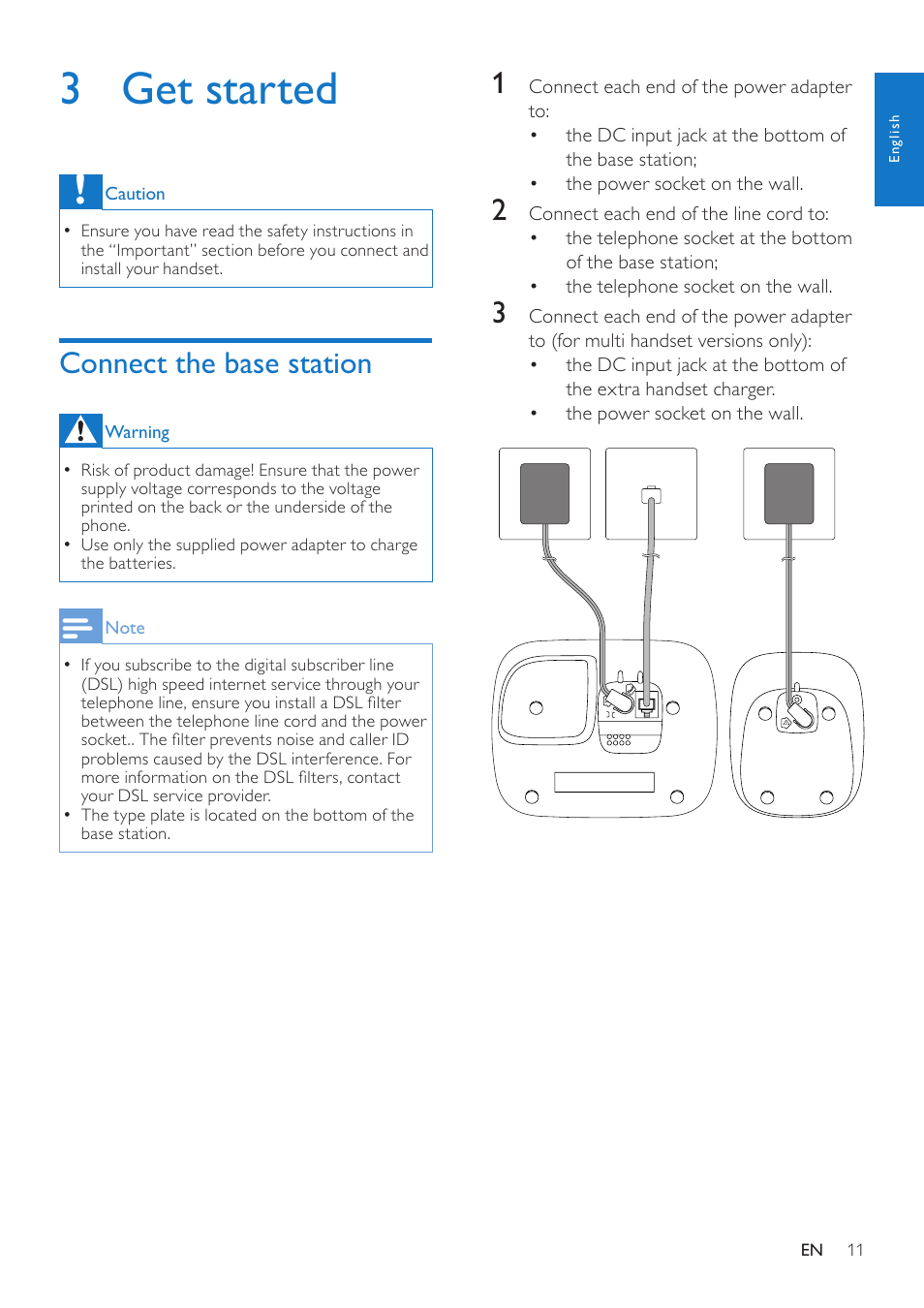 3 get started, Connect the base station | Philips CD685 User Manual | Page 11 / 48