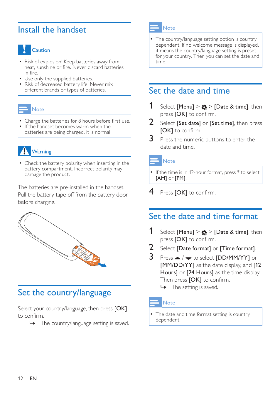 Install the handset, Set the country/language, Set the date and time | Set the date and time format, Set the date and time 1, Set the date and time format 1 | Philips CD685 User Manual | Page 12 / 48