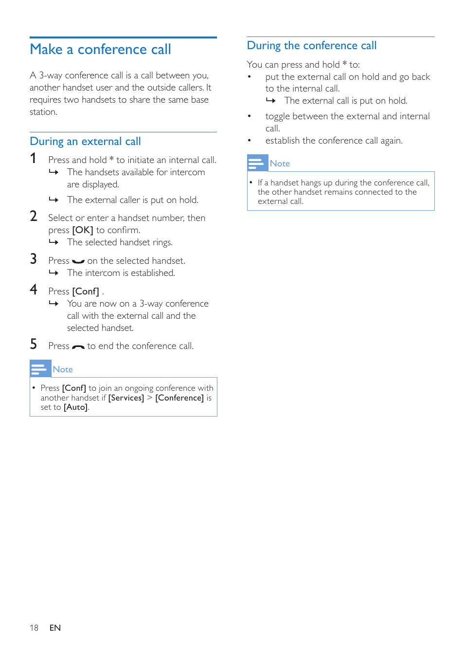 Make a conference call, During an external call, During the conference call | Philips CD685 User Manual | Page 18 / 48