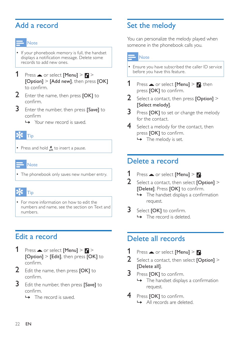 Add a record, Edit a record, Set the melody | Delete a record, Delete all records, Edit a record 1, Delete a record 1, Delete all records 1 | Philips CD685 User Manual | Page 22 / 48