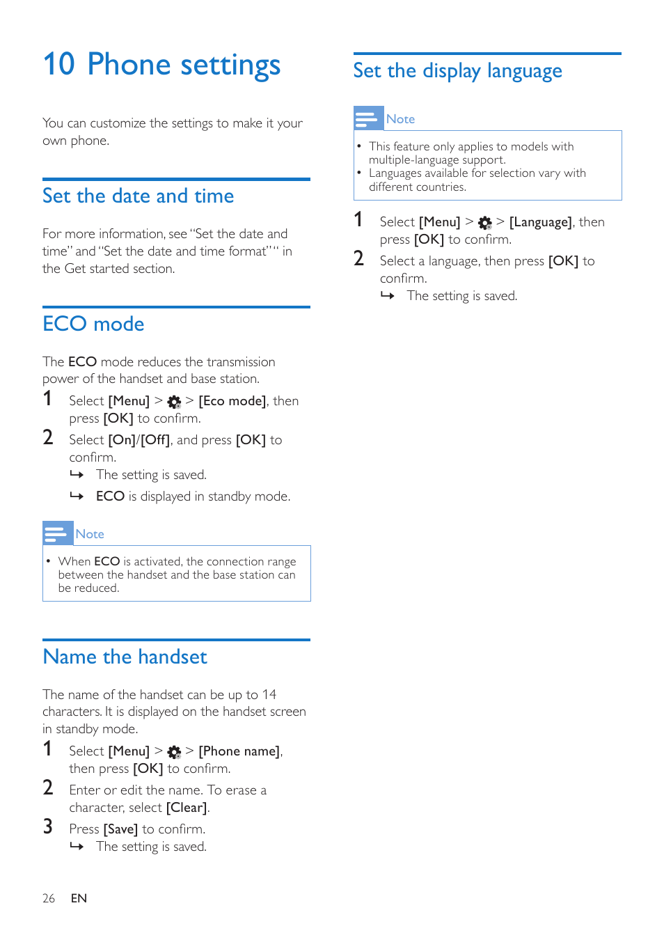 10 phone settings, Set the date and time, Eco mode | Name the handset, Set the display language | Philips CD685 User Manual | Page 26 / 48