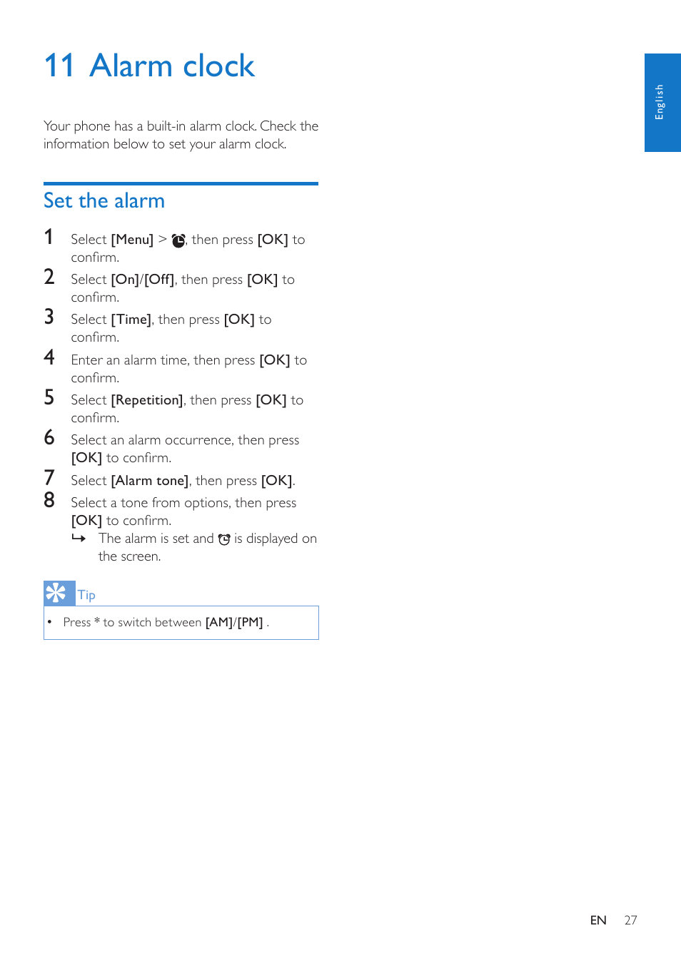 11 alarm clock, Set the alarm, Set the alarm 1 | Philips CD685 User Manual | Page 27 / 48