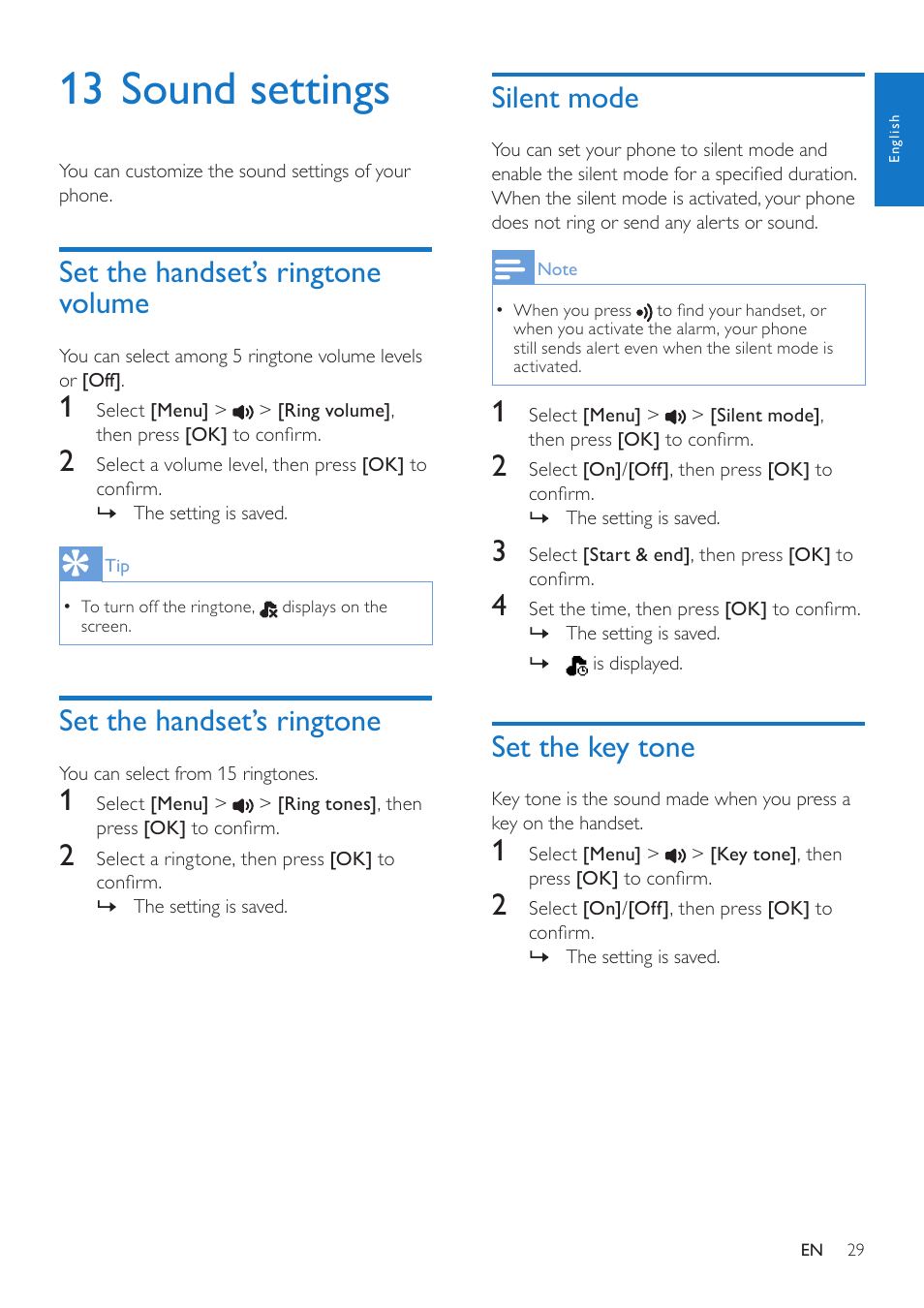 13 sound settings, Set the handset’s ringtone volume, Set the handset’s ringtone | Silent mode, Set the key tone | Philips CD685 User Manual | Page 29 / 48