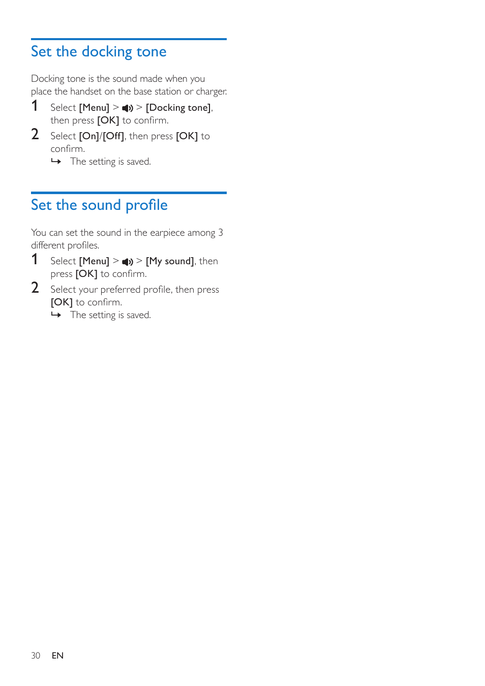 Set the docking tone, Set the sound profile | Philips CD685 User Manual | Page 30 / 48