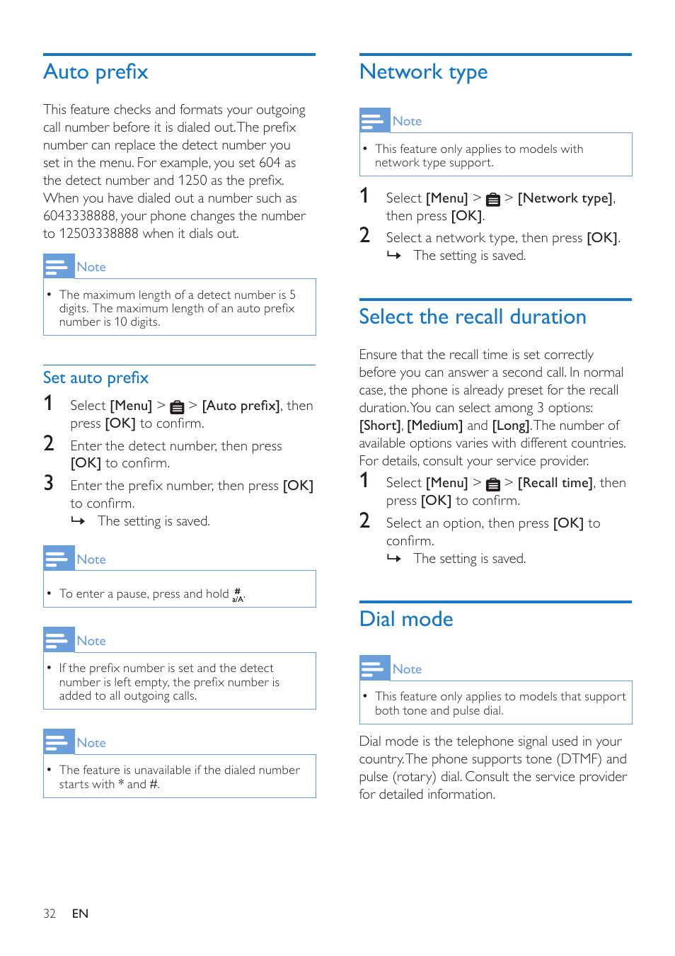 Auto prefix, Network type, Select the recall duration | Dial mode, Set auto prefix | Philips CD685 User Manual | Page 32 / 48