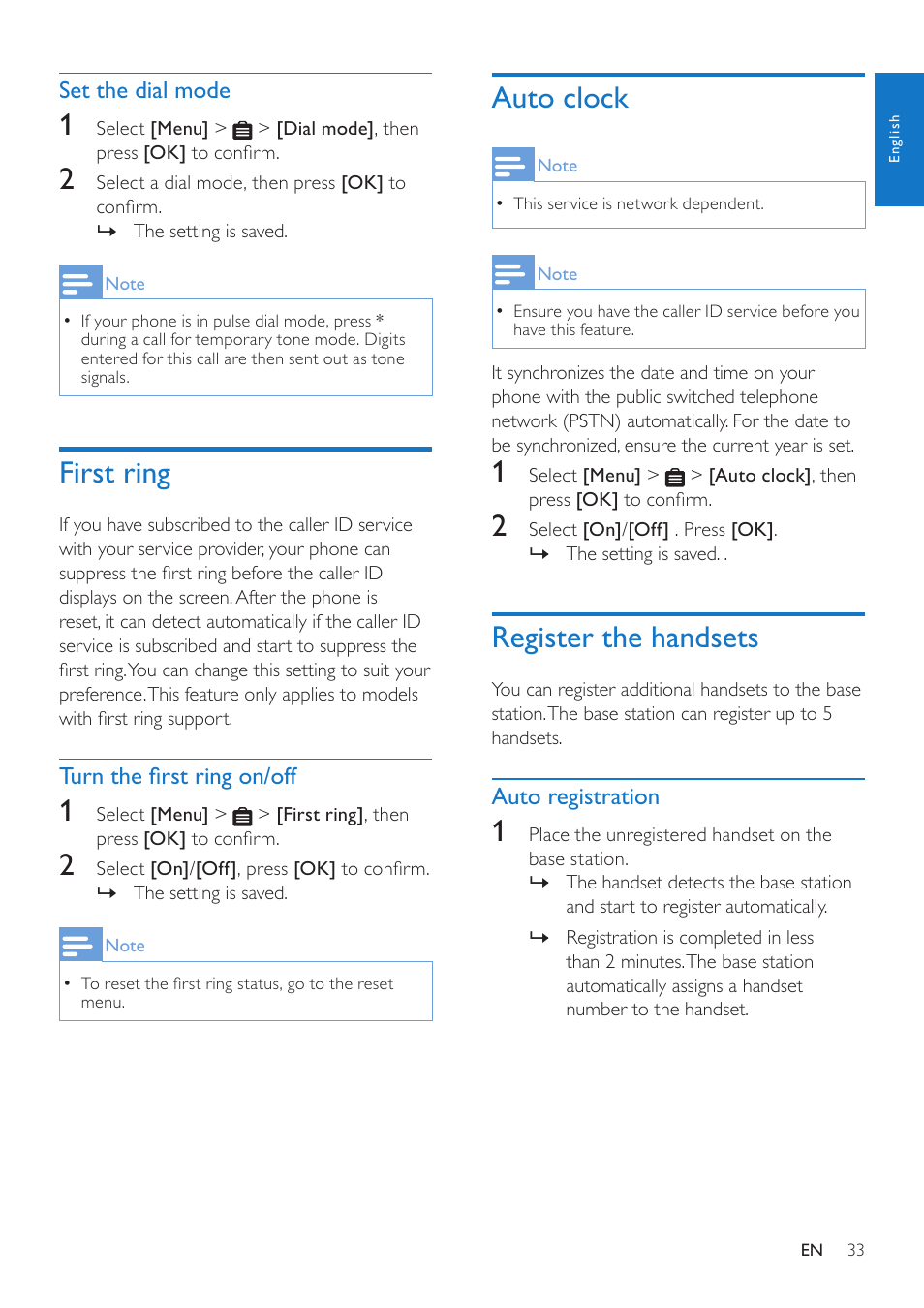 First ring, Auto clock, Register the handsets | Set the dial mode, Turn the first ring on/off, Auto registration | Philips CD685 User Manual | Page 33 / 48