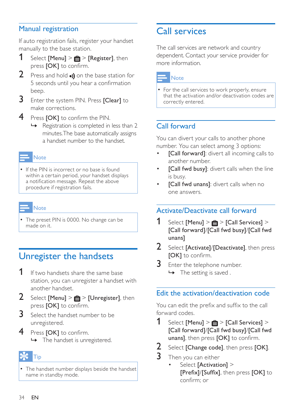 Unregister the handsets, Call services, Manual registration | Call forward, Activate/deactivate call forward, Edit the activation/deactivation code, Unregister the handsets 1 | Philips CD685 User Manual | Page 34 / 48
