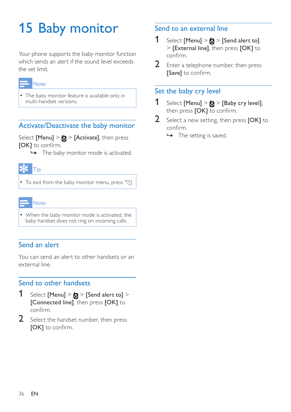 15 baby monitor, Activate/deactivate the baby monitor, Send an alert | Send to other handsets, Send to an external line, Set the baby cry level | Philips CD685 User Manual | Page 36 / 48