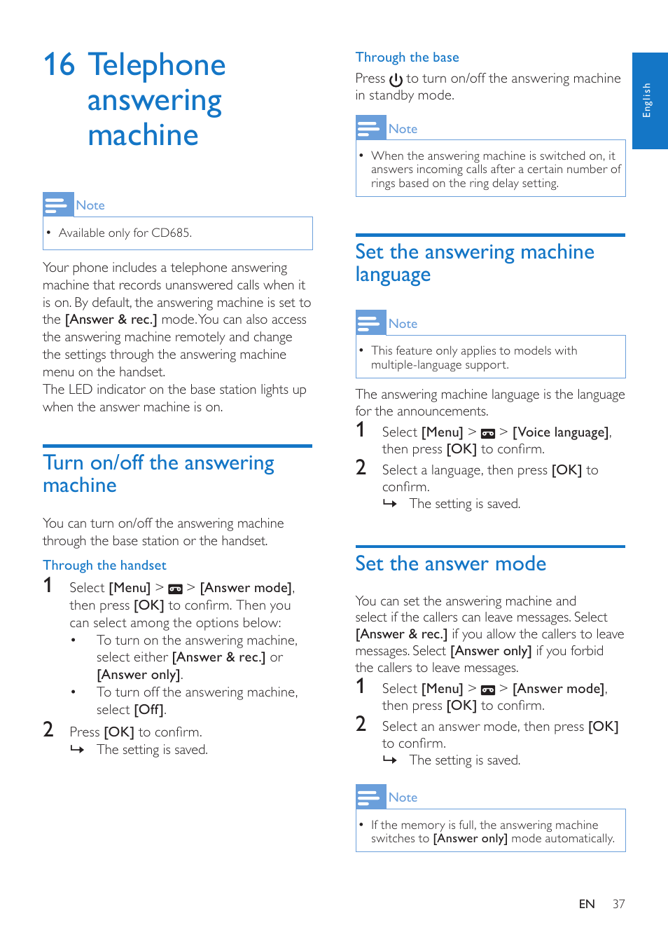 16 telephone answering machine, Turn on/off the answering machine, Set the answering machine language | Set the answer mode | Philips CD685 User Manual | Page 37 / 48