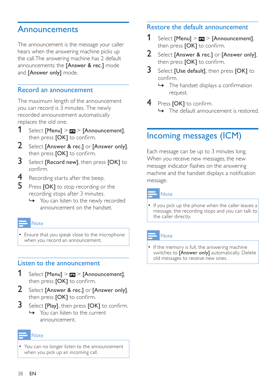 Announcements, Incoming messages (icm), Record an announcement | Listen to the announcement, Restore the default announcement | Philips CD685 User Manual | Page 38 / 48