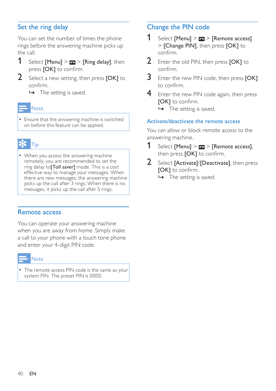 Set the ring delay, Remote access, Change the pin code | Philips CD685 User Manual | Page 40 / 48