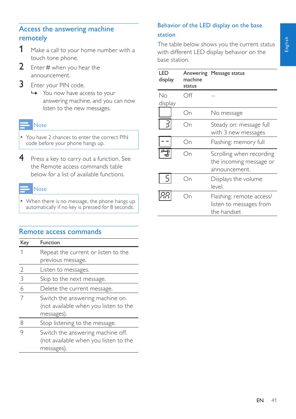 Access the answering machine remotely, Remote access commands | Philips CD685 User Manual | Page 41 / 48