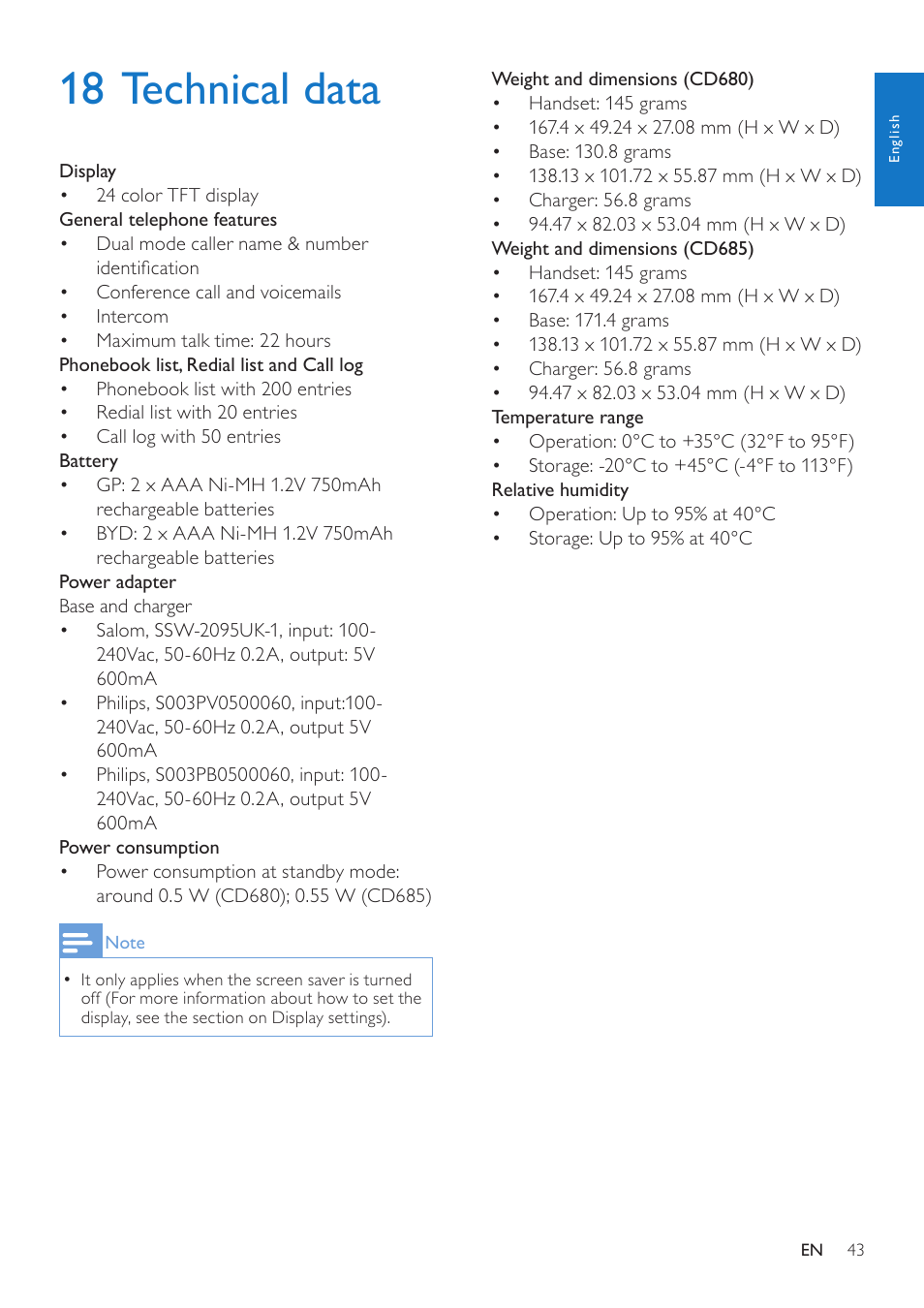 18 technical data | Philips CD685 User Manual | Page 43 / 48