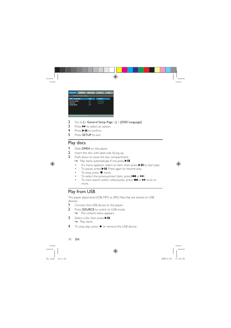 Play discs, Play from usb | Philips PET736/77 User Manual | Page 17 / 23