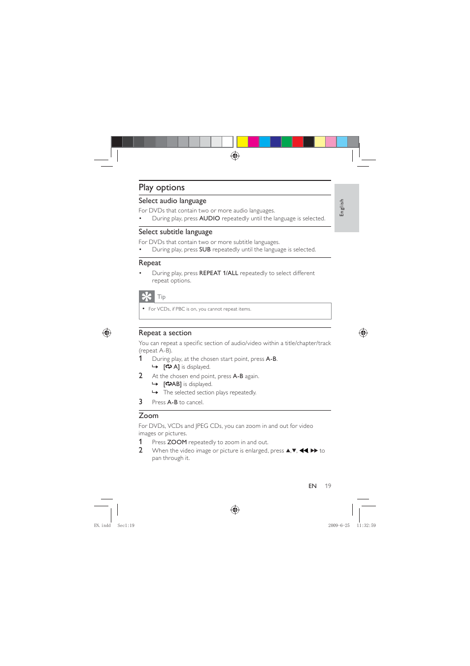 Play options, Select audio language, Select subtitle language | Repeat, Zoom | Philips PET736/77 User Manual | Page 18 / 23