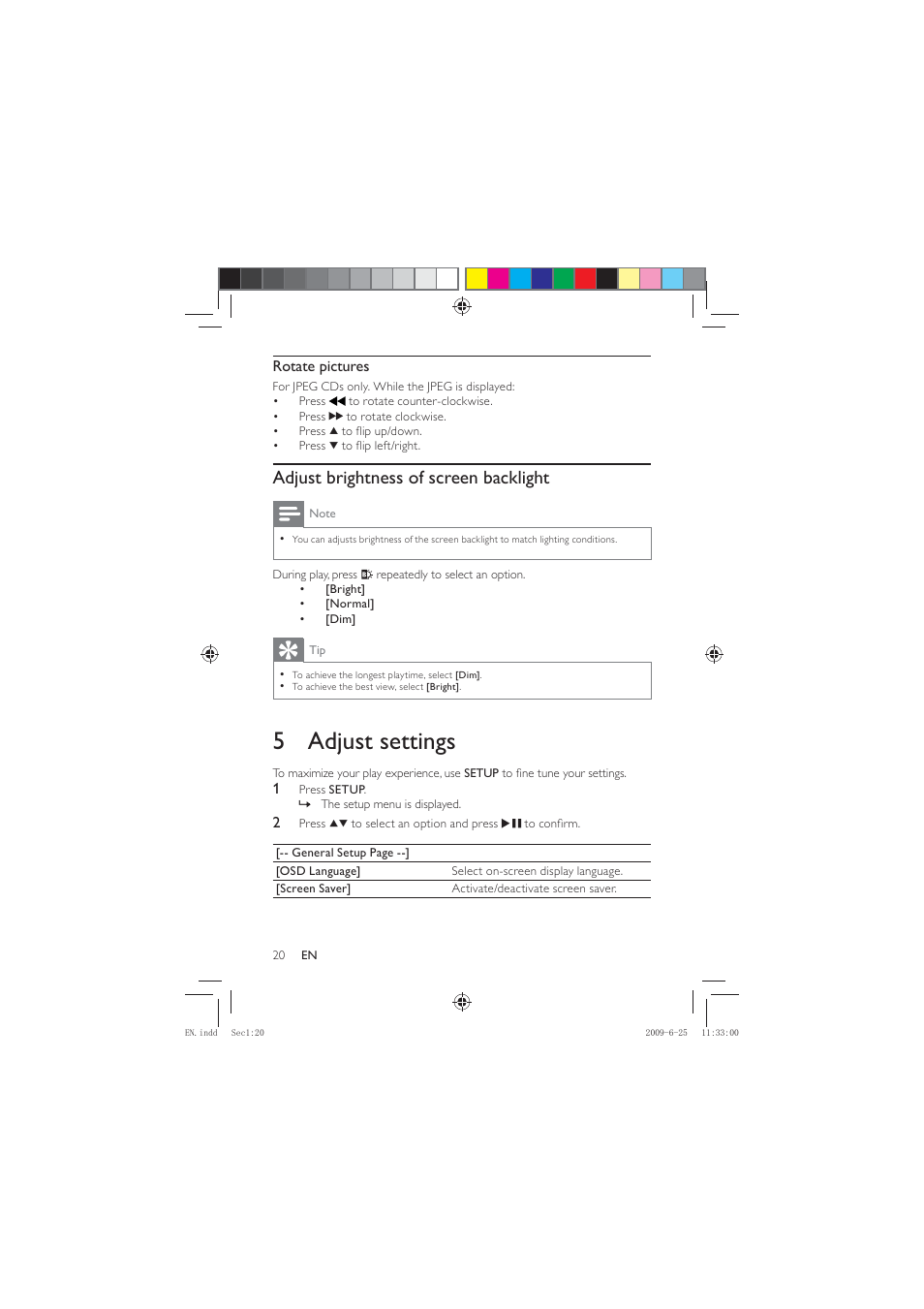 5 adjust settings, Adjust brightness of screen backlight, Rotate pictures | Philips PET736/77 User Manual | Page 19 / 23